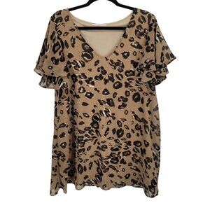 Caramela Womens large brown leopard print v neck blouse Ruffle sleeve dress
